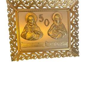 Vintage Jesus and Virgin Mary 50th Anniversary 3D Metal Plaque in Ornate Brass F